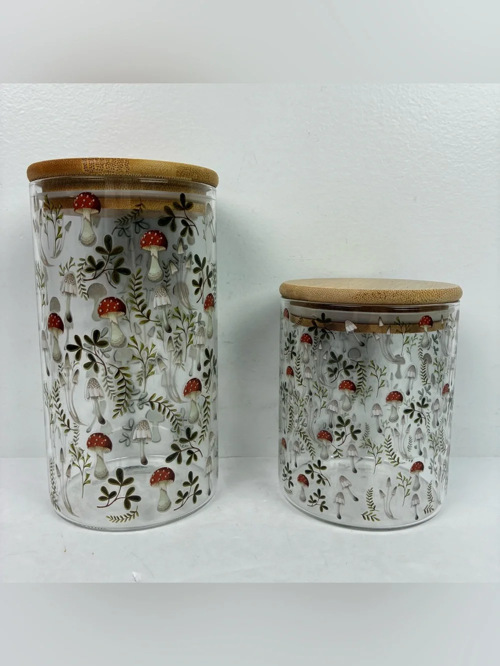 Tabletops Unlimited Set of Glass Mushrooms Pattern Jars